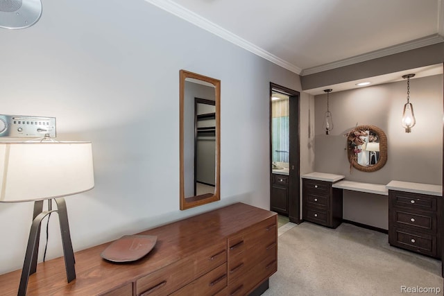 6674 Balmoral Ter, Clarkston, MI 48346 - bedroom with crown molding, light carpet, and an office area