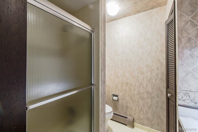 6674 Balmoral Ter, Clarkston, MI 48346 - bathroom with baseboard heating, an enclosed shower, and tile patterned flooring