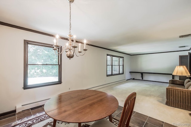 6674 Balmoral Ter, Clarkston, MI 48346 - dining area featuring a baseboard heating unit, a chandelier, ornamental molding, and plenty of natural light