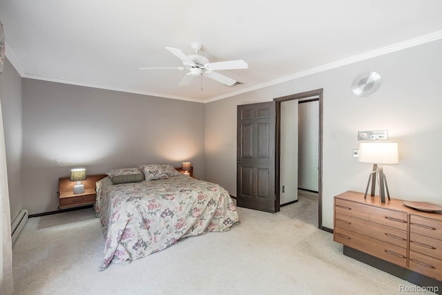6674 Balmoral Ter, Clarkston, MI 48346 - bedroom featuring light carpet, crown molding, a baseboard heating unit, and a ceiling fan