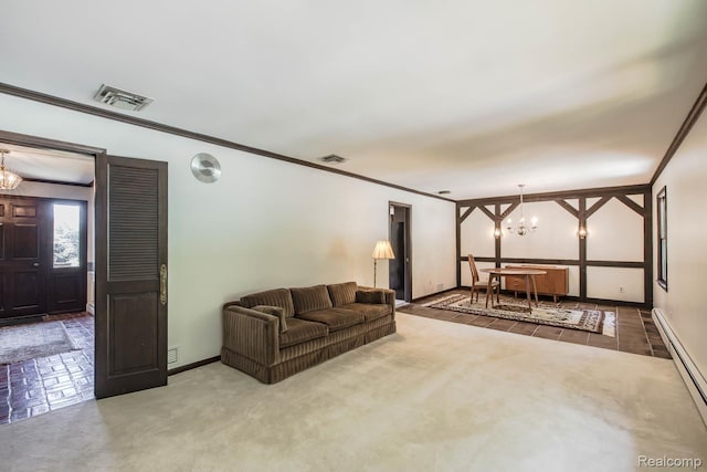 6674 Balmoral Ter, Clarkston, MI 48346 - living room with a chandelier, a baseboard heating unit, crown molding, and carpet flooring