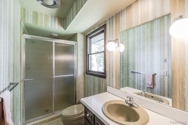 6674 Balmoral Ter, Clarkston, MI 48346 - bathroom featuring wallpapered walls, vanity, a stall shower, and tile patterned floors
