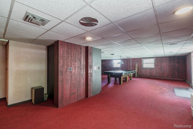 6674 Balmoral Ter, Clarkston, MI 48346 - recreation room featuring carpet, billiards, a drop ceiling, and wooden walls