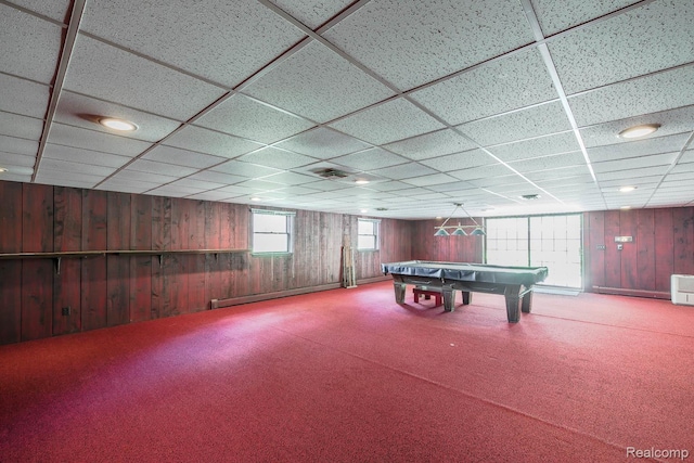 6674 Balmoral Ter, Clarkston, MI 48346 - rec room featuring wood walls, carpet floors, a baseboard heating unit, pool table, and a paneled ceiling