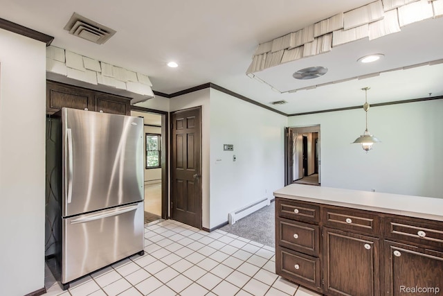 6674 Balmoral Ter, Clarkston, MI 48346 - kitchen with freestanding refrigerator, a baseboard radiator, dark brown cabinetry, light countertops, and crown molding