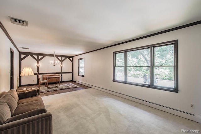 6674 Balmoral Ter, Clarkston, MI 48346 - unfurnished living room featuring crown molding, a chandelier, and a baseboard radiator