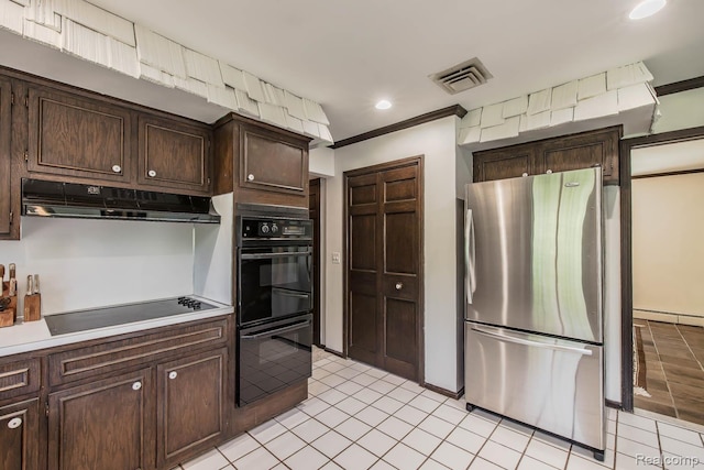 6674 Balmoral Ter, Clarkston, MI 48346 - kitchen with black appliances, under cabinet range hood, dark brown cabinets, light tile patterned floors, and ornamental molding