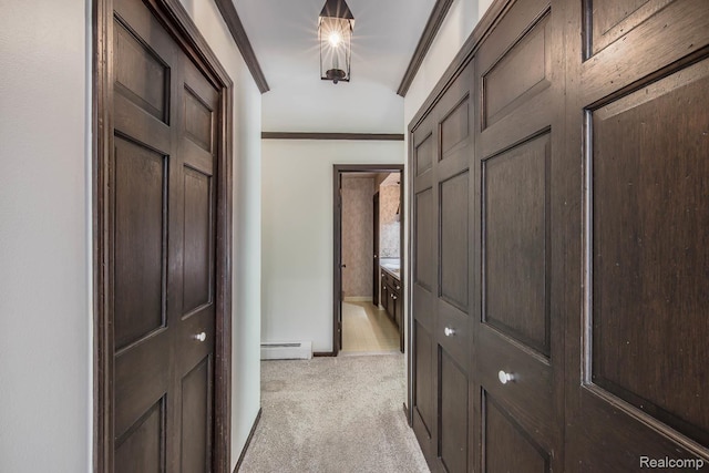6674 Balmoral Ter, Clarkston, MI 48346 - corridor featuring baseboard heating, light carpet, and ornamental molding