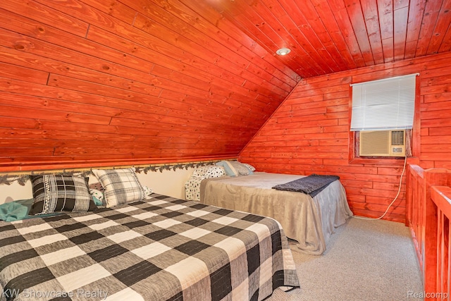 699 W Cherry Creek Rd, Mio, MI 48647 - bedroom featuring wood ceiling, carpet floors, lofted ceiling, cooling unit, and wood walls
