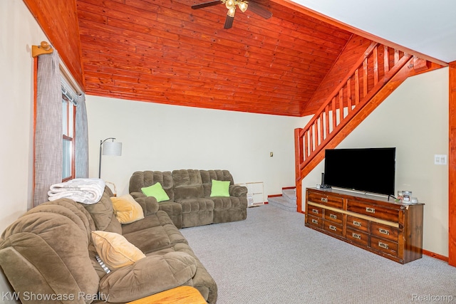 699 W Cherry Creek Rd, Mio, MI 48647 - living area featuring stairway, a ceiling fan, carpet, lofted ceiling, and wooden ceiling