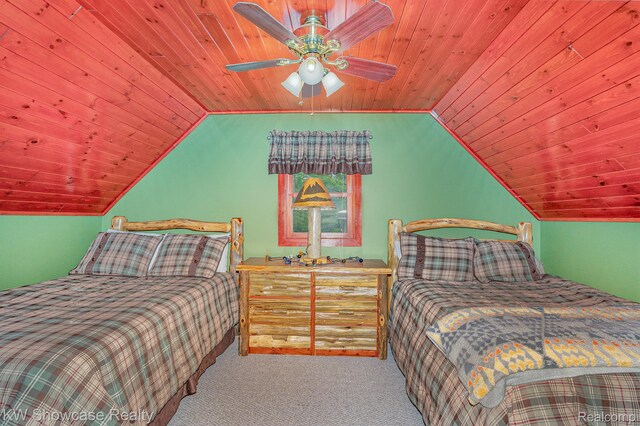 699 W Cherry Creek Rd, Mio, MI 48647 - carpeted bedroom with wood ceiling, lofted ceiling, and a ceiling fan