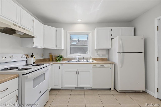22281 Poinciana St, Southfield, MI 48033 - kitchen with white appliances, under cabinet range hood, white cabinets, light tile patterned floors, and light countertops