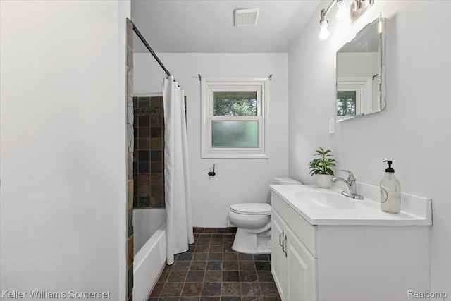 22281 Poinciana St, Southfield, MI 48033 - full bathroom featuring vanity, shower / bathtub combination with curtain, and stone finish floors