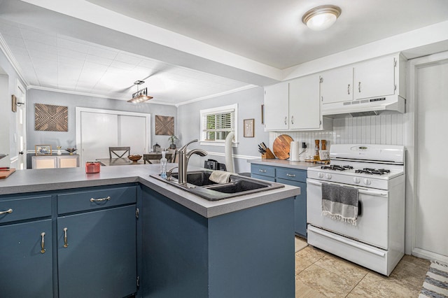 407 W Pine St, Big Rapids, MI 49307 - kitchen with white gas range, under cabinet range hood, blue cabinetry, white cabinets, and ornamental molding