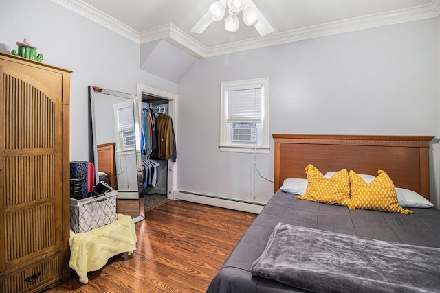 407 W Pine St, Big Rapids, MI 49307 - bedroom featuring a baseboard heating unit, ornamental molding, wood finished floors, cooling unit, and a closet