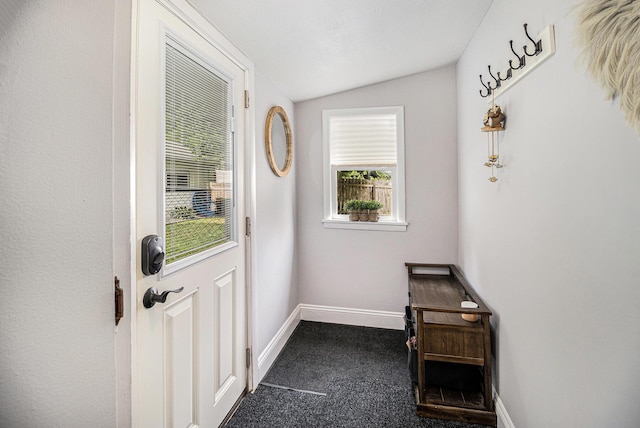 407 W Pine St, Big Rapids, MI 49307 - entryway with dark carpet and lofted ceiling