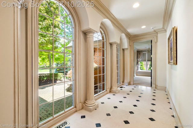 18878 Oak Leaf Ln, Northville, MI 48168 - doorway with ornate columns, tile patterned floors, recessed lighting, and crown molding