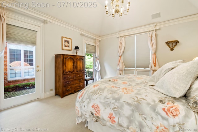 18878 Oak Leaf Ln, Northville, MI 48168 - bedroom with a chandelier, carpet, access to exterior, and ornamental molding
