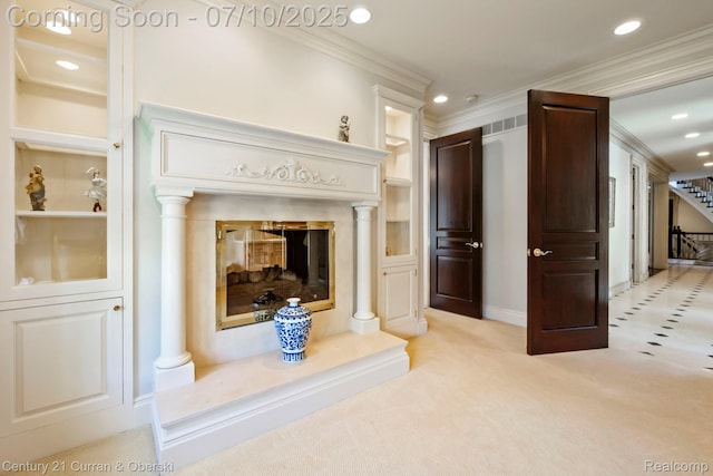 18878 Oak Leaf Ln, Northville, MI 48168 - unfurnished living room with recessed lighting, crown molding, and light carpet