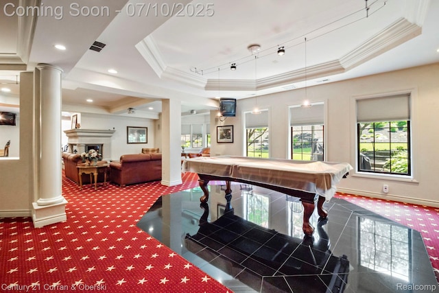 18878 Oak Leaf Ln, Northville, MI 48168 - playroom with crown molding, decorative columns, a tray ceiling, billiards, and carpet flooring