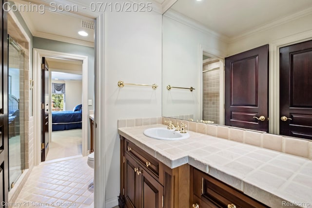 18878 Oak Leaf Ln, Northville, MI 48168 - bathroom featuring vanity, a stall shower, ensuite bath, ornamental molding, and tile patterned floors