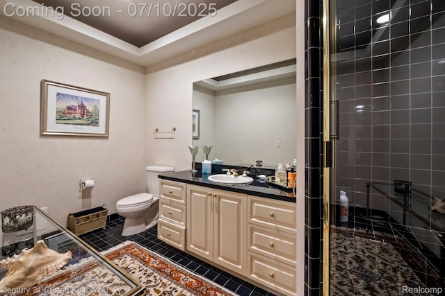 18878 Oak Leaf Ln, Northville, MI 48168 - full bathroom with vanity, a tray ceiling, a stall shower, and tile patterned flooring