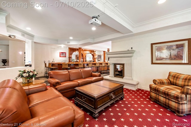 18878 Oak Leaf Ln, Northville, MI 48168 - living room featuring ornamental molding, carpet flooring, recessed lighting, and bar with sink