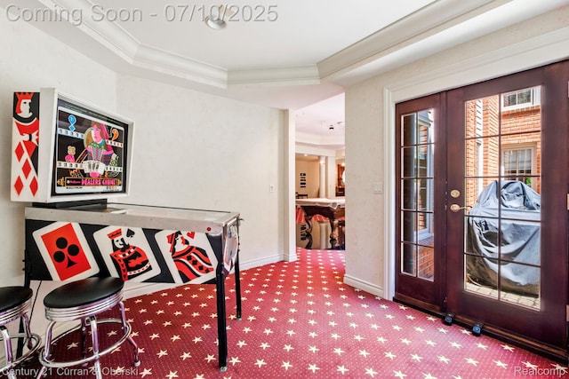 18878 Oak Leaf Ln, Northville, MI 48168 - bar with carpet, ornamental molding, a tray ceiling, and french doors