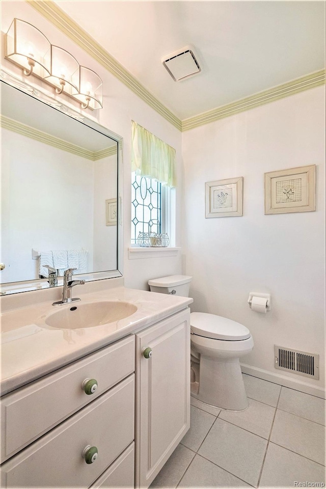 2032 Crestline, Burton, MI 48509 - half bathroom featuring tile patterned floors, vanity, and crown molding