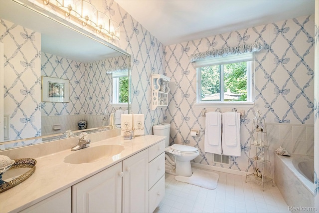 2032 Crestline, Burton, MI 48509 - full bathroom featuring tile patterned flooring, a tub, vanity, and wallpapered walls