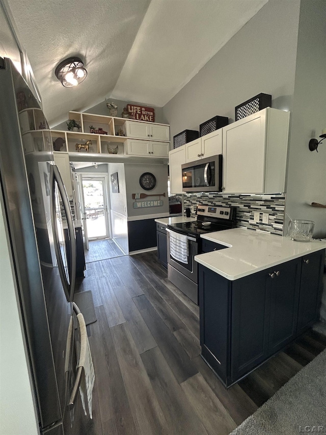 2907 W Ferndale Dr, Manitou Beach, MI 49253 - kitchen with stainless steel appliances, vaulted ceiling, white cabinetry, tasteful backsplash, and dark wood-type flooring