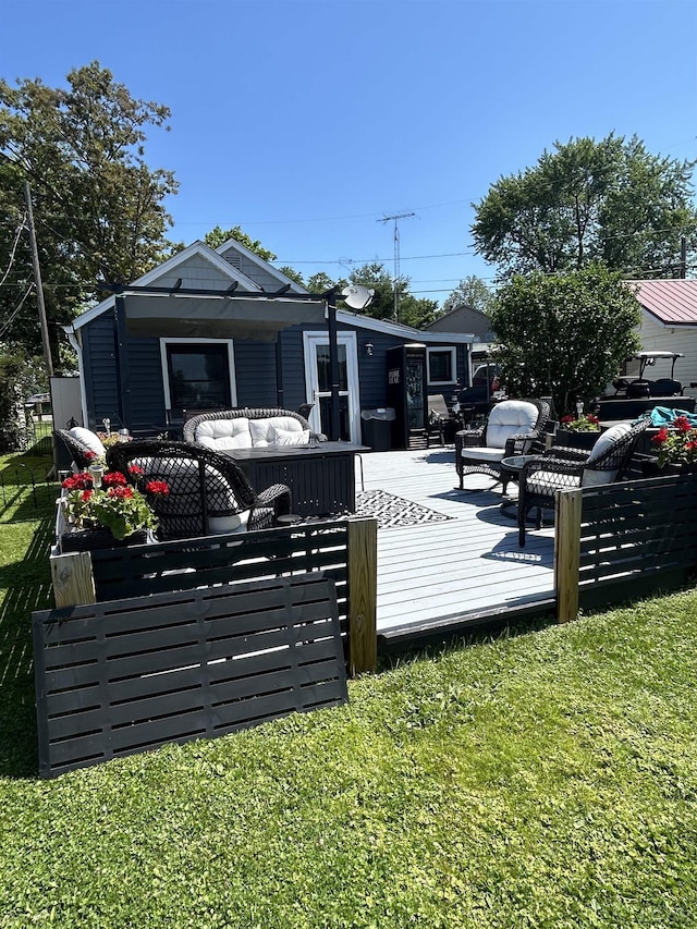 2907 W Ferndale Dr, Manitou Beach, MI 49253 - back of property with an outdoor living space, a wooden deck, and a yard