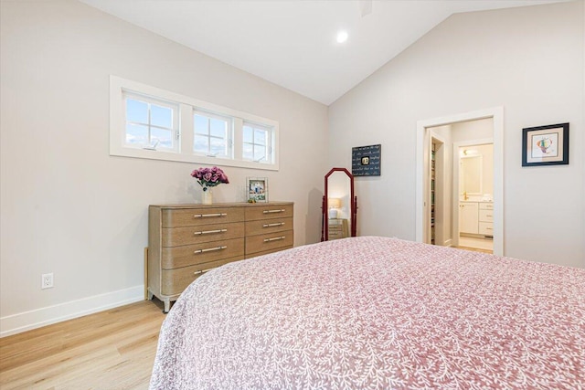273 Waters Edge Dr, Saint Joseph, MI 49085 - bedroom featuring light wood-style flooring, recessed lighting, connected bathroom, and high vaulted ceiling