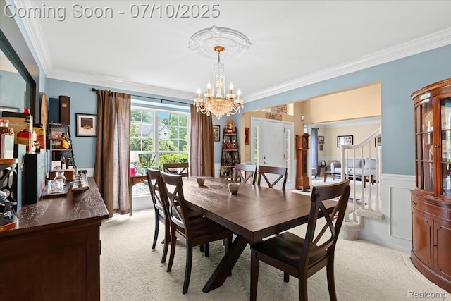4583 Racewood Dr, Commerce Twp, MI 48382 - dining area featuring ornamental molding, light colored carpet, a chandelier, stairs, and wainscoting