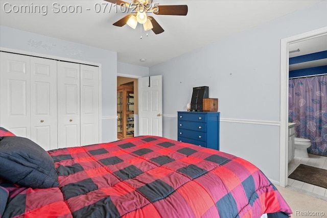 4583 Racewood Dr, Commerce Twp, MI 48382 - tiled bedroom featuring a closet, ceiling fan, and ensuite bathroom