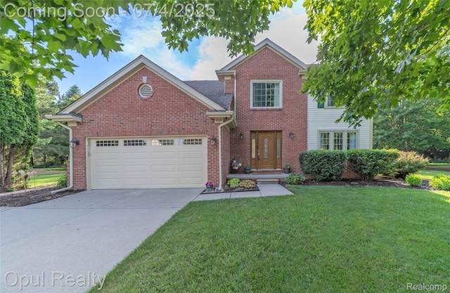 3830 Kossuth Rd, Lake Orion, MI 48360 - traditional home with an attached garage, a front lawn, driveway, and brick siding