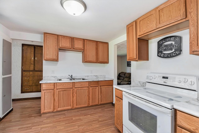 1982 Mckinley St, Kalamazoo, MI 49004 - kitchen featuring white electric range, light wood-style floors, and light countertops