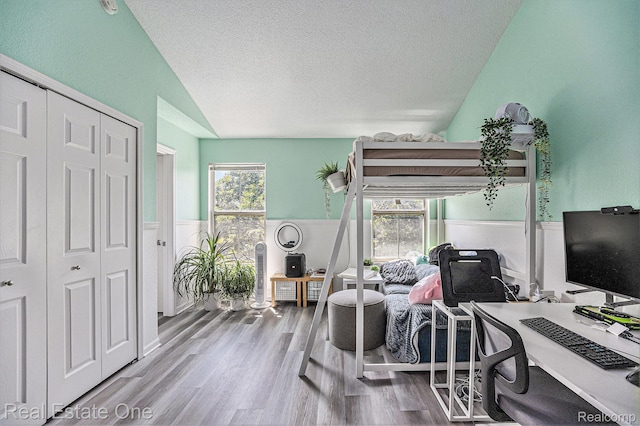 239 Fieldcrest St, Ann Arbor, MI 48103 - home office with vaulted ceiling, a textured ceiling, wood finished floors, and wainscoting