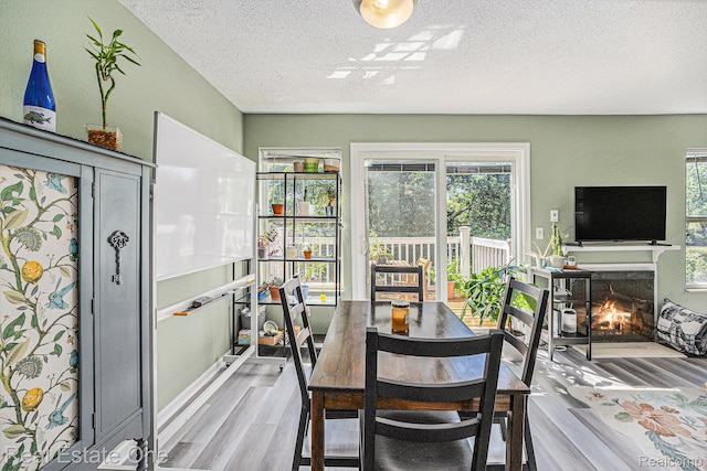 239 Fieldcrest St, Ann Arbor, MI 48103 - dining space with wood finished floors, a textured ceiling, and a warm lit fireplace