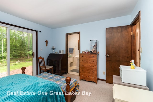 13840 Dice Rd, Hemlock, MI 48626 - bedroom with access to outside, light carpet, and ensuite bath