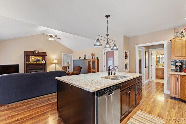 3224 Sand Creek Highway, Adrian, MI 49221 - kitchen with dishwasher, light wood-style floors, a ceiling fan, open floor plan, and lofted ceiling
