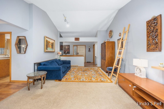 6636 E Riverwoods Ct NE, Rockford, MI 49341 - living room featuring vaulted ceiling, track lighting, carpet, and wood finished floors