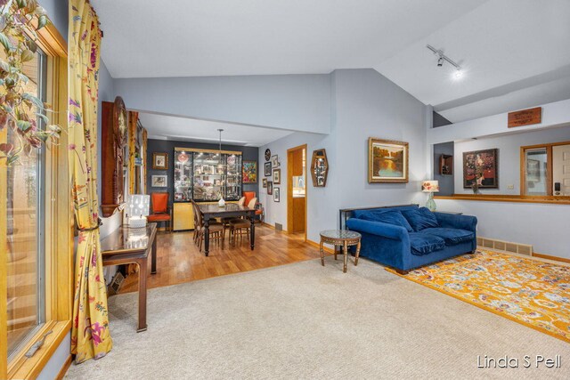6636 E Riverwoods Ct NE, Rockford, MI 49341 - carpeted living room with lofted ceiling, track lighting, and wood finished floors