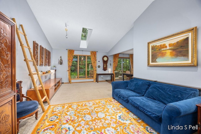 6636 E Riverwoods Ct NE, Rockford, MI 49341 - living area featuring a skylight, light colored carpet, and vaulted ceiling