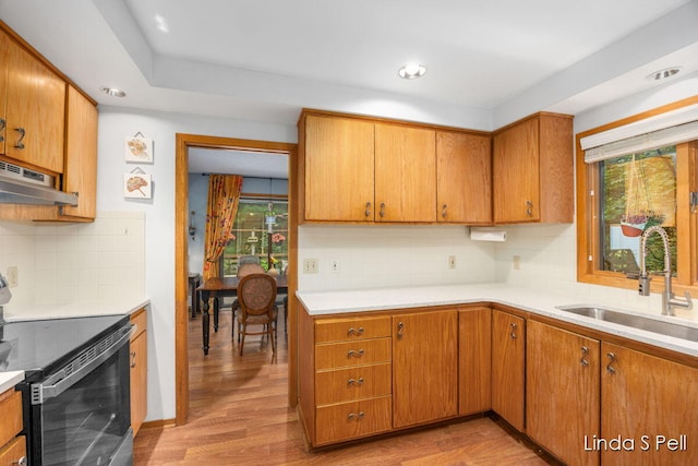 6636 E Riverwoods Ct NE, Rockford, MI 49341 - kitchen featuring range with electric stovetop, plenty of natural light, extractor fan, and light wood finished floors
