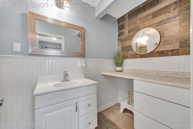 36149 Schley Ave, Van Buren, MI 48186 - bathroom featuring wooden walls, vanity, a wainscoted wall, and tile patterned flooring