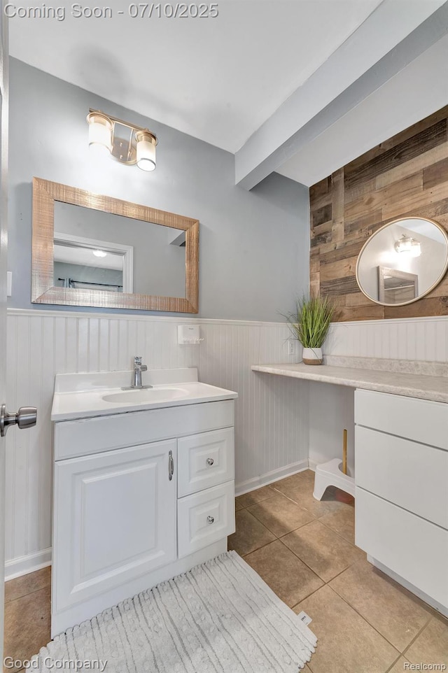 36149 Schley Ave, Van Buren, MI 48186 - bathroom featuring vanity, wainscoting, tile patterned flooring, and wooden walls