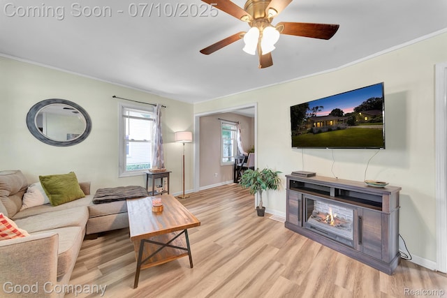 36149 Schley Ave, Van Buren, MI 48186 - living room with wood finished floors, a ceiling fan, and ornamental molding