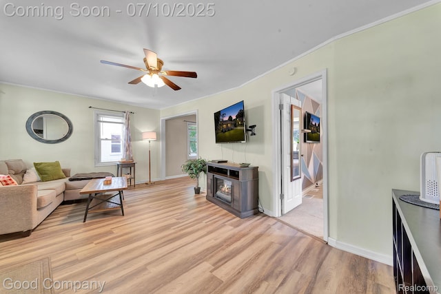36149 Schley Ave, Van Buren, MI 48186 - living area featuring a ceiling fan, light wood finished floors, crown molding, and a fireplace