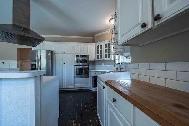 4433 Elm St, New Era, MI 49446 - kitchen featuring appliances with stainless steel finishes, ventilation hood, white cabinets, glass insert cabinets, and ornamental molding
